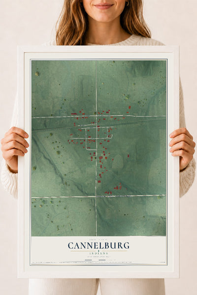 Map of Cannelburg, Indiana, 18 x 24 inch print in a white wood frame