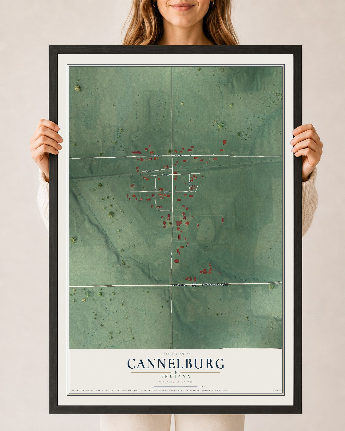 Map of Cannelburg, Indiana, 24 x 36 inch print in a black wood frame