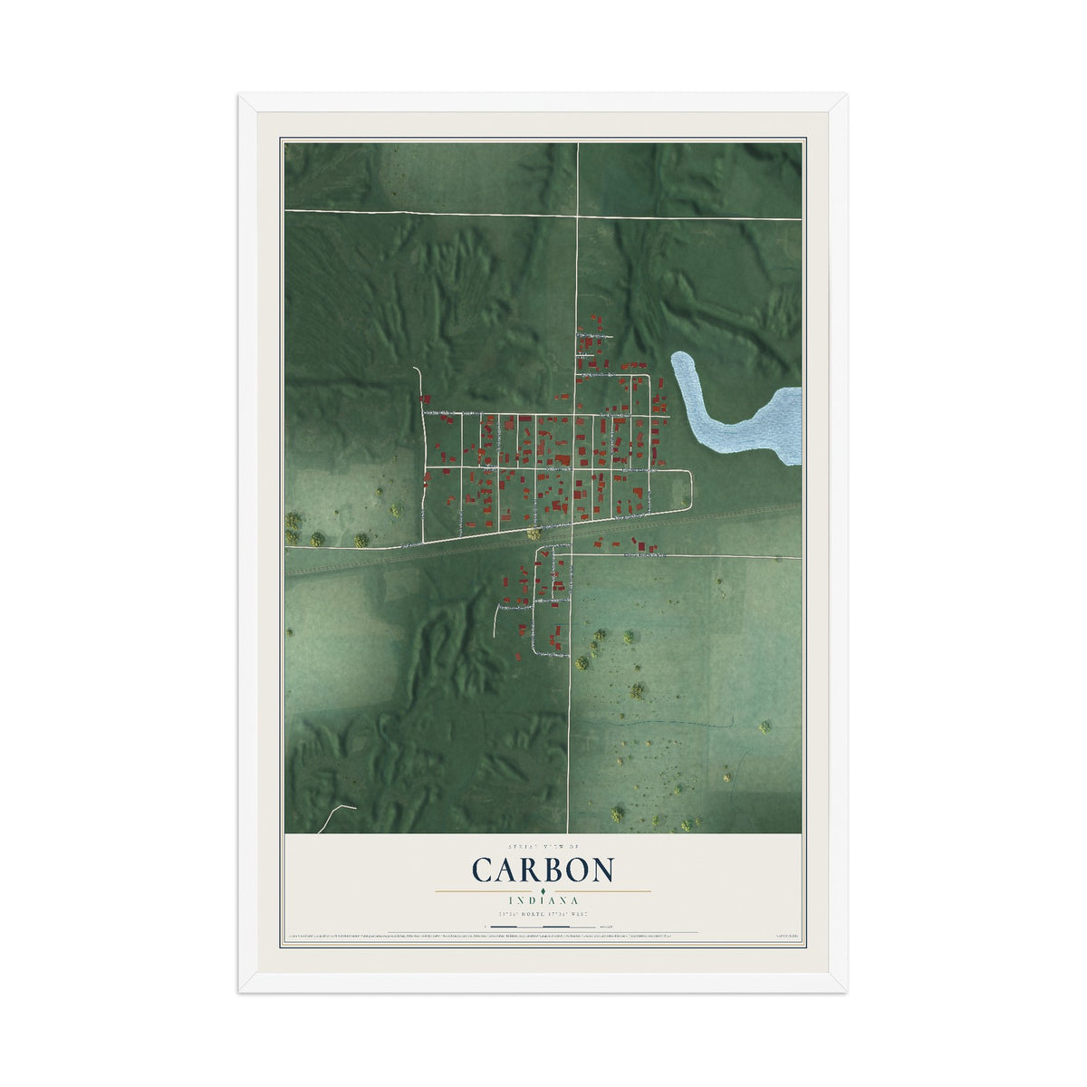 Map of Carbon, Indiana, 12 x 18 inch print in a white wood frame