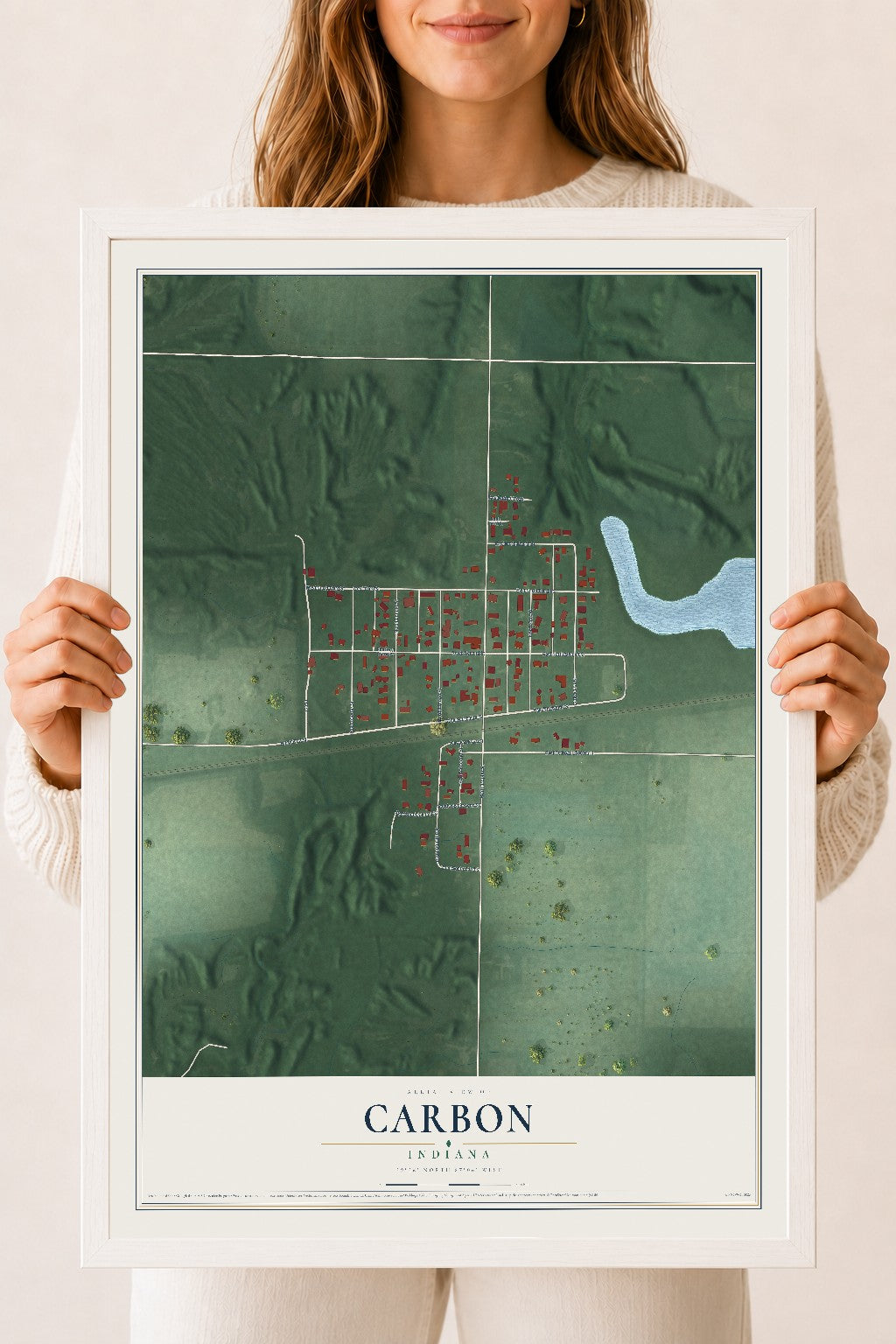 Map of Carbon, Indiana, 18 x 24 inch print in a white wood frame