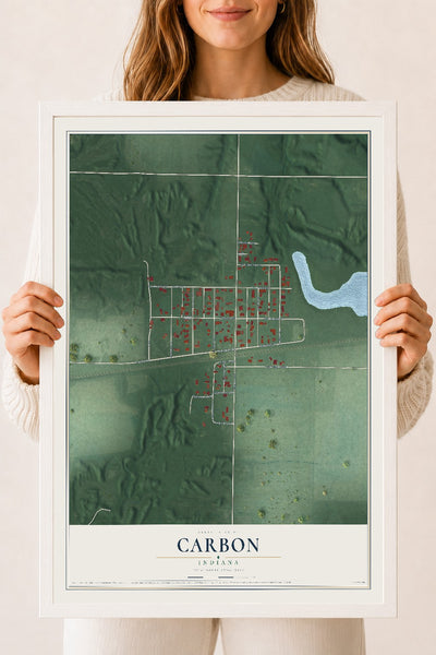 Map of Carbon, Indiana, 18 x 24 inch print in a white wood frame