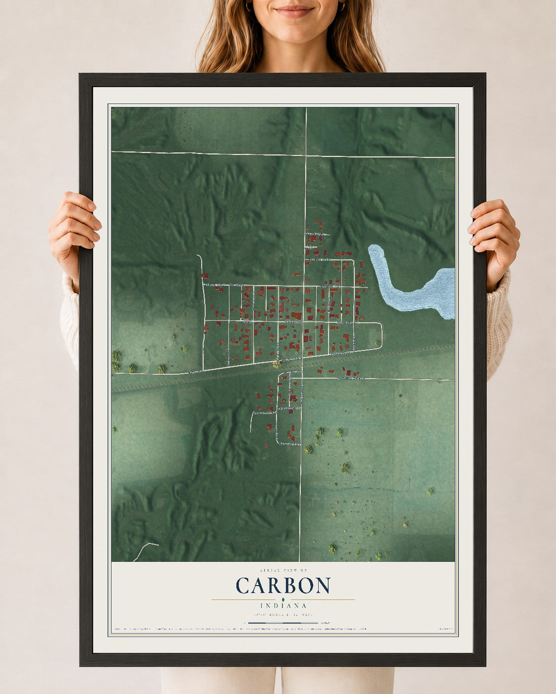 Map of Carbon, Indiana, 24 x 36 inch print in a black wood frame