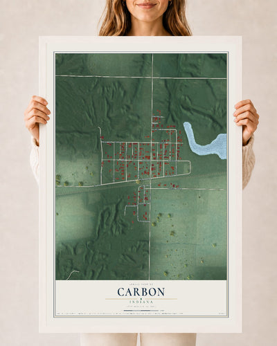 Map of Carbon, Indiana, 24 x 36 inch print in a white wood frame