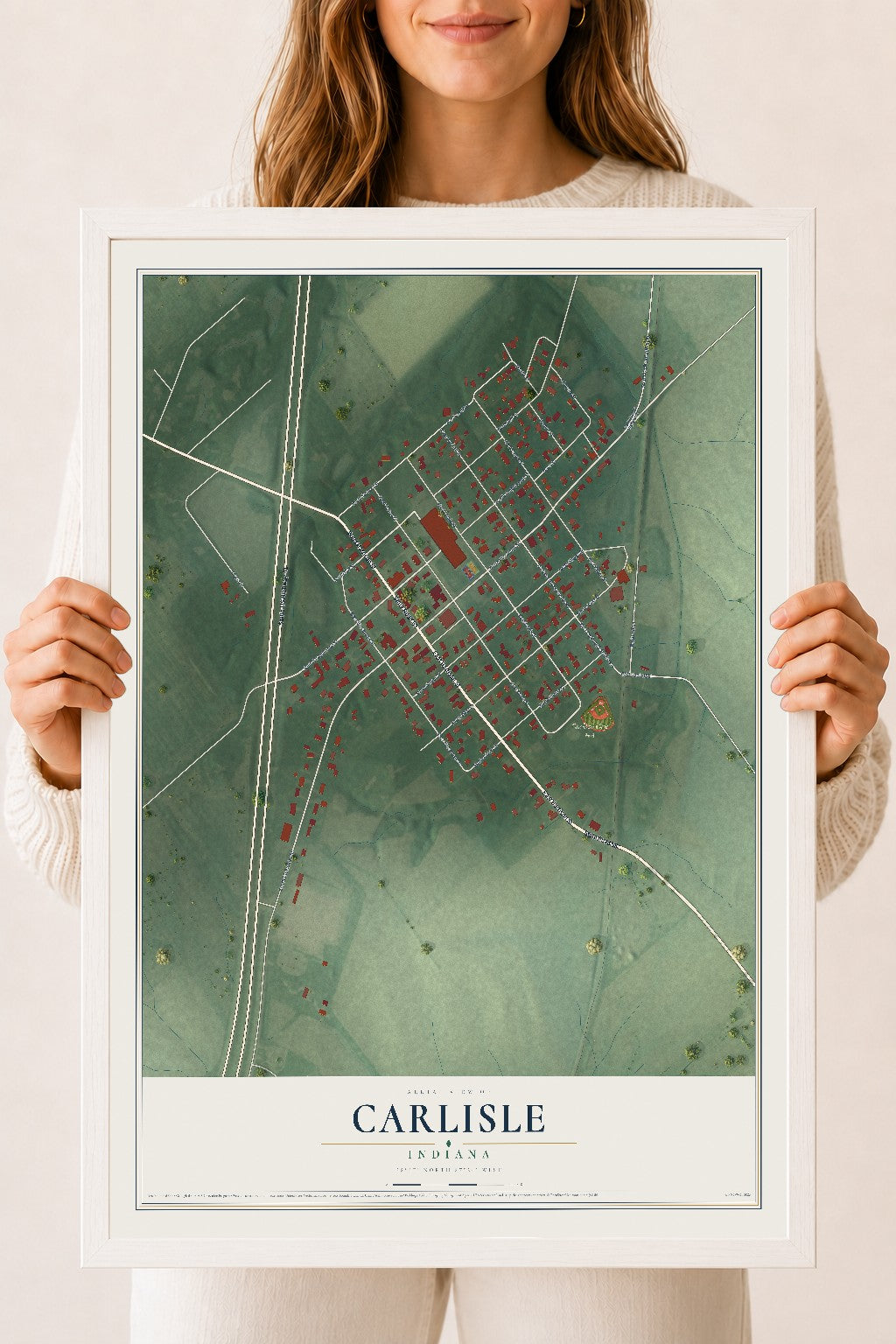 Map of Carlisle, Indiana, 18 x 24 inch print in a white wood frame