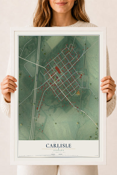 Map of Carlisle, Indiana, 18 x 24 inch print in a white wood frame