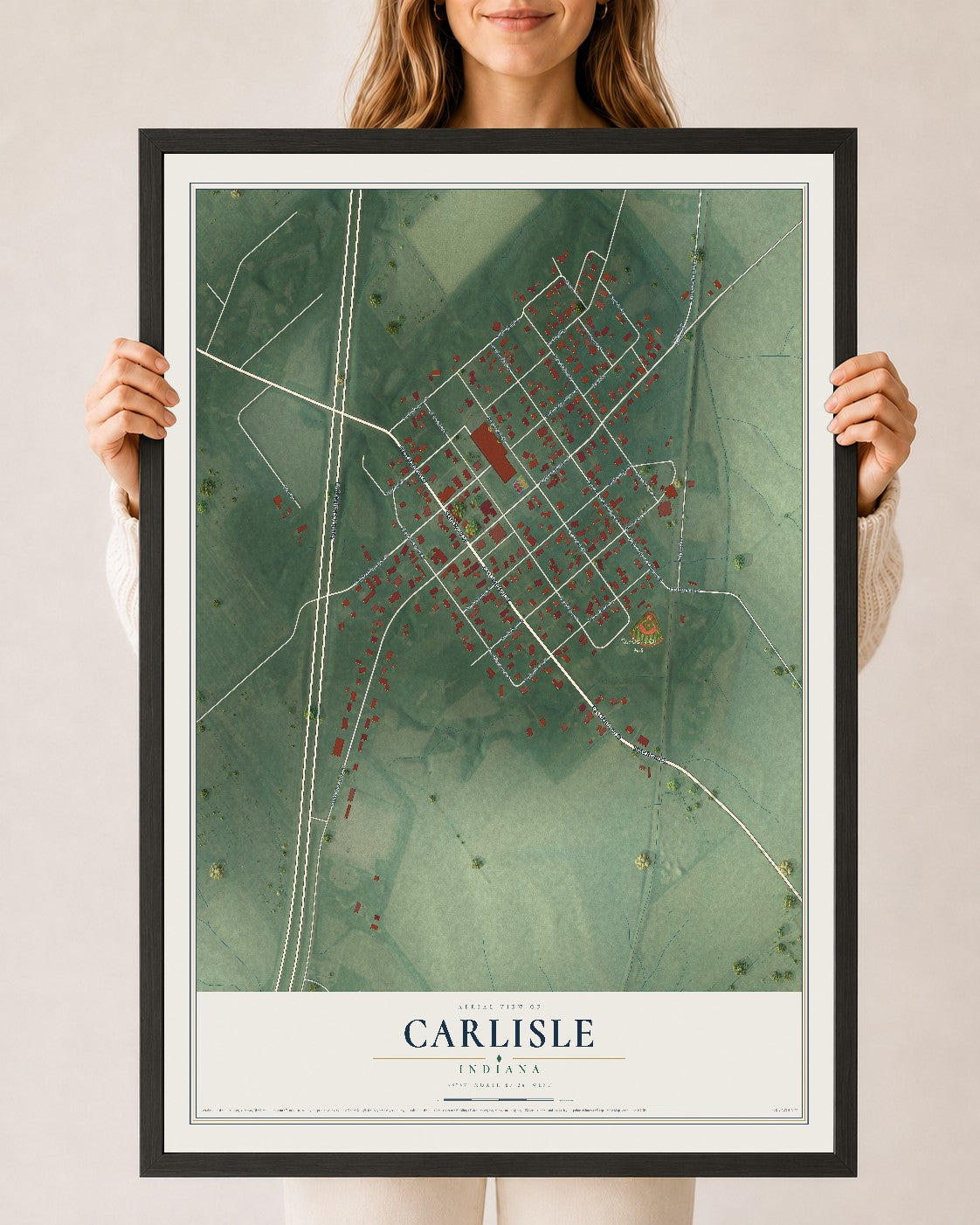 Map of Carlisle, Indiana, 24 x 36 inch print in a black wood frame