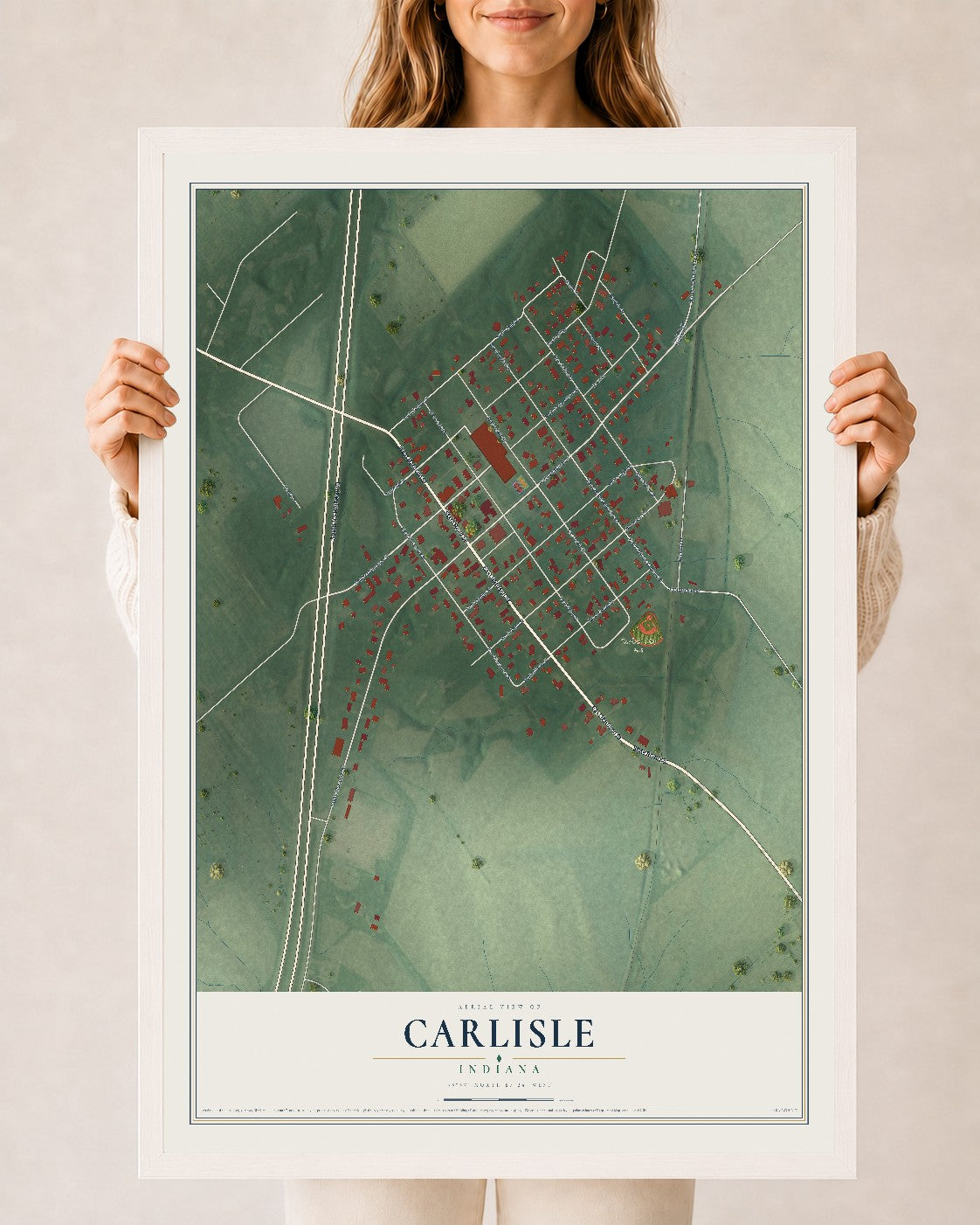 Map of Carlisle, Indiana, 24 x 36 inch print in a white wood frame