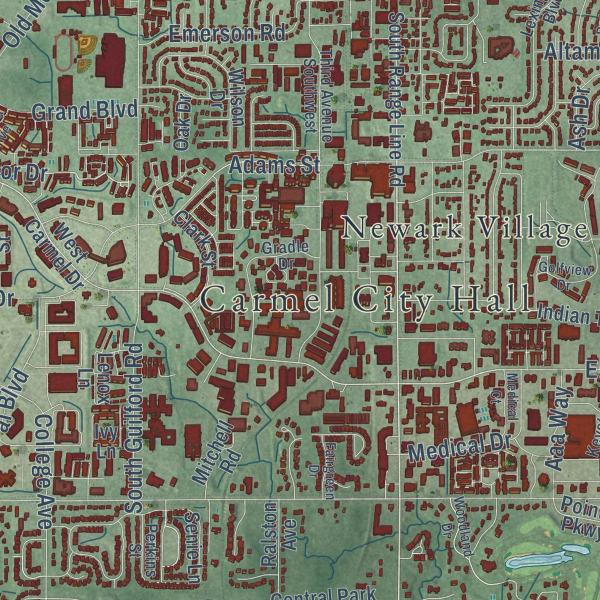 Second close-up of the map of Carmel, Indiana print showing more streets and buildings