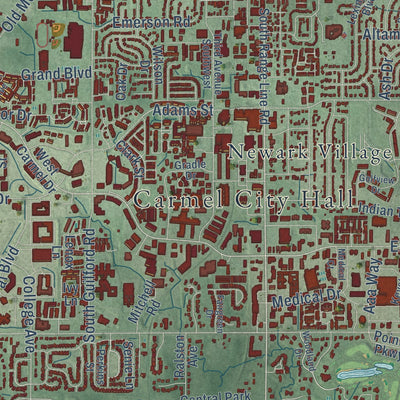 Second close-up of the map of Carmel, Indiana print showing more streets and buildings