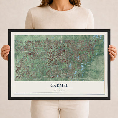 Map of Carmel, Indiana, 12 x 18 inch print in a black wood frame
