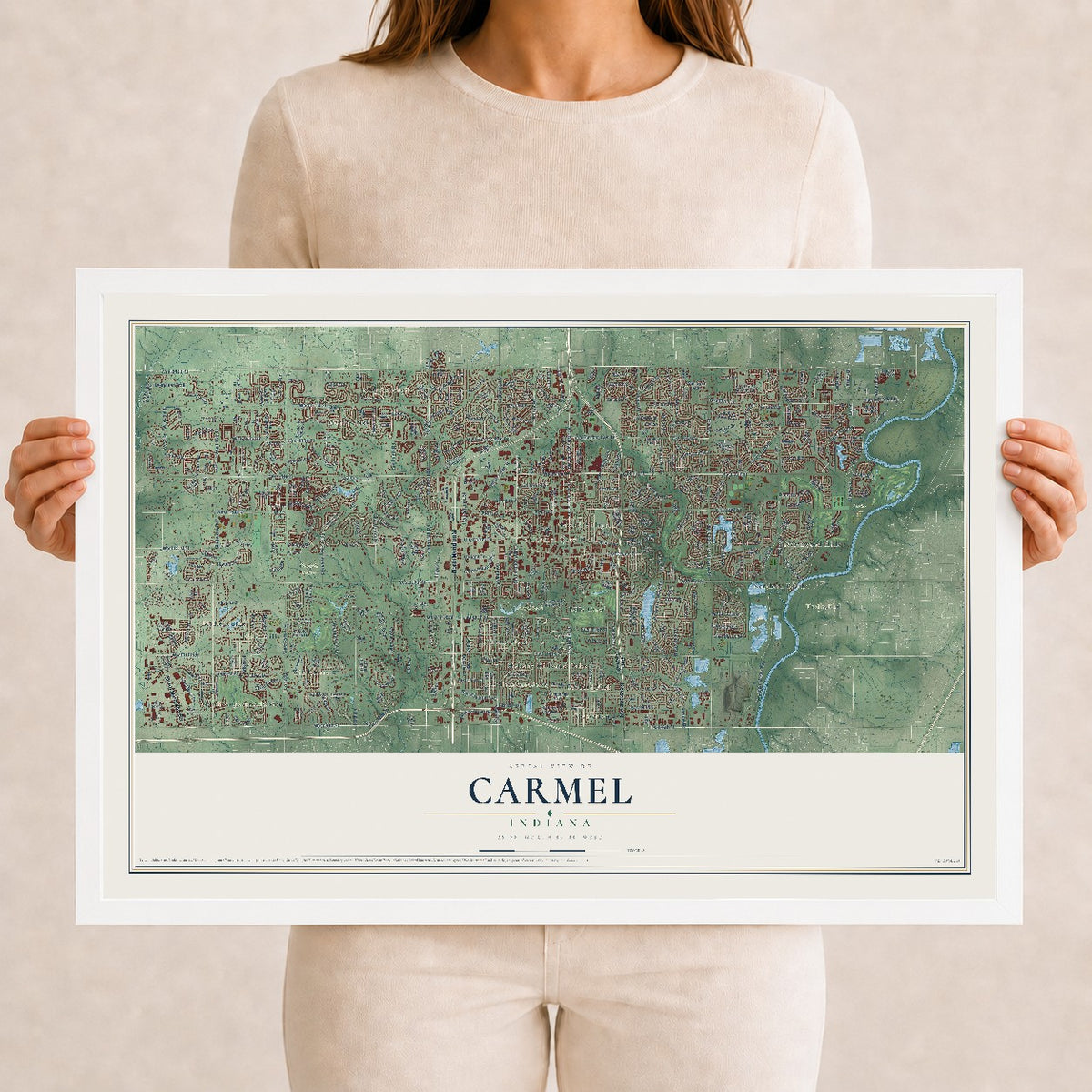 Map of Carmel, Indiana, 12 x 18 inch print in a white wood frame