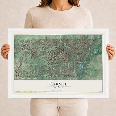 Map of Carmel, Indiana, 12 x 18 inch print in a white wood frame