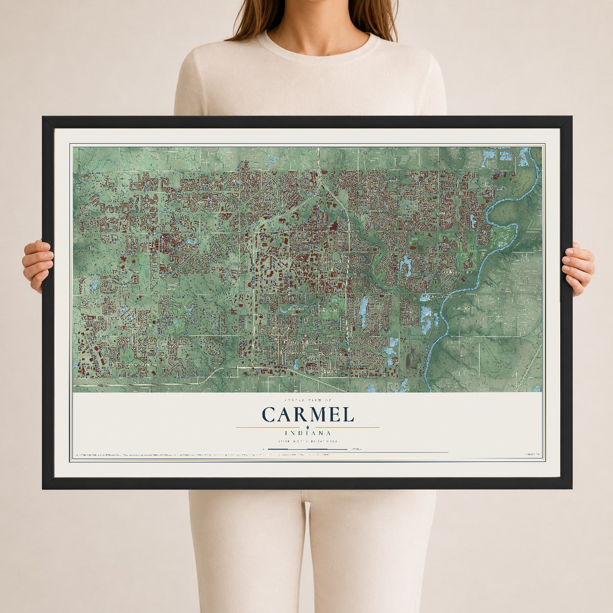 Map of Carmel, Indiana, 24 x 36 inch print in a black wood frame