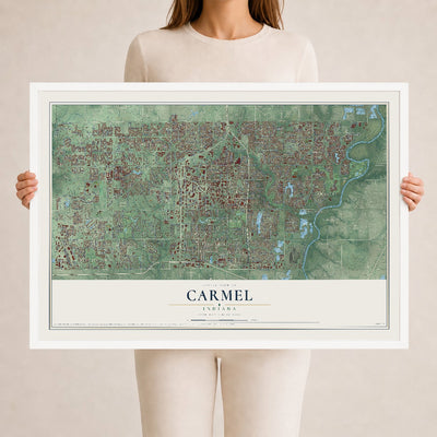 Map of Carmel, Indiana, 24 x 36 inch print in a white wood frame
