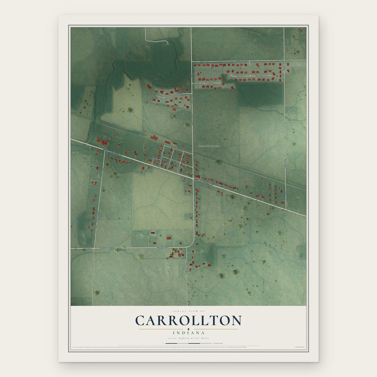 Carrollton, Indiana map print, the full design