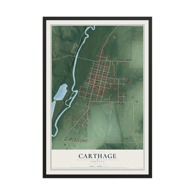 Map of Carthage, Indiana, 12 x 18 inch print in a black wood frame
