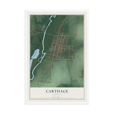 Map of Carthage, Indiana, 12 x 18 inch print in a white wood frame