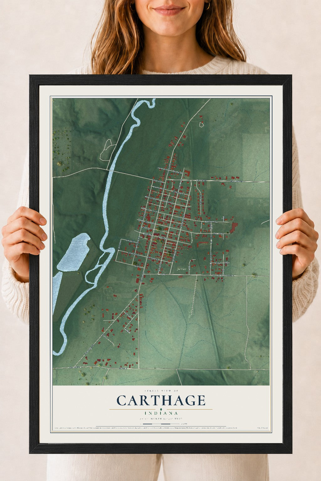 Map of Carthage, Indiana, 18 x 24 inch print in a black wood frame