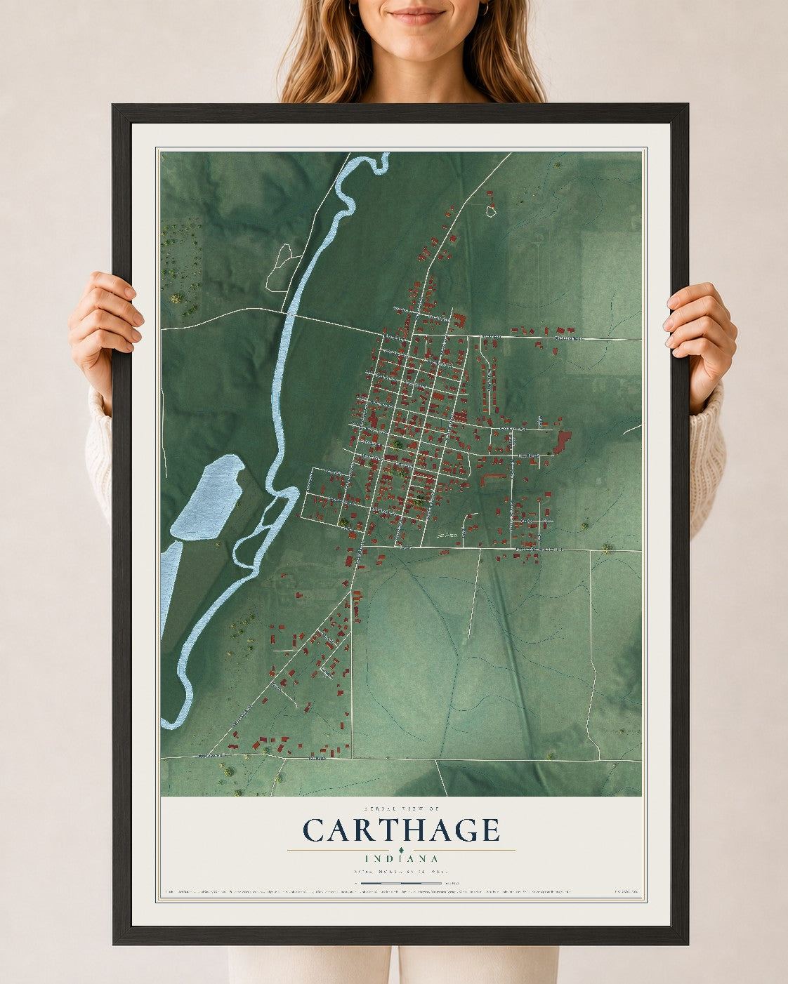 Map of Carthage, Indiana, 24 x 36 inch print in a black wood frame
