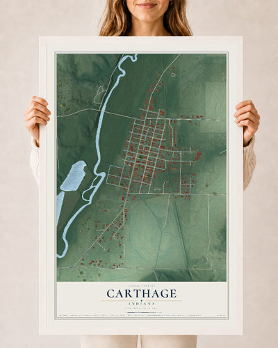 Map of Carthage, Indiana, 24 x 36 inch print in a white wood frame