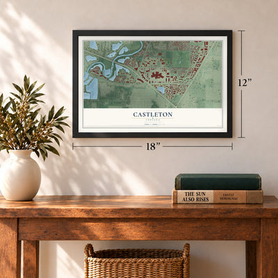 Castleton, Indiana map, 12 x 18 inch print in a black frame in an entryway