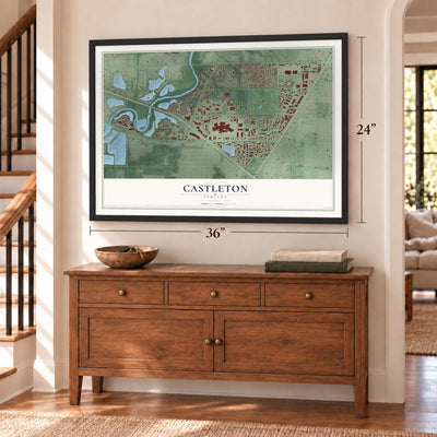 Castleton, Indiana map, 24 x 36 inch print in a black frame above a dresser by a staircase