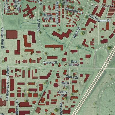 Close-up of the map of Castleton, Indiana print showing street and building detail