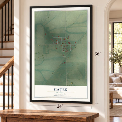 Cates, Indiana map, 24 x 36 inch print in a black frame by a staircase