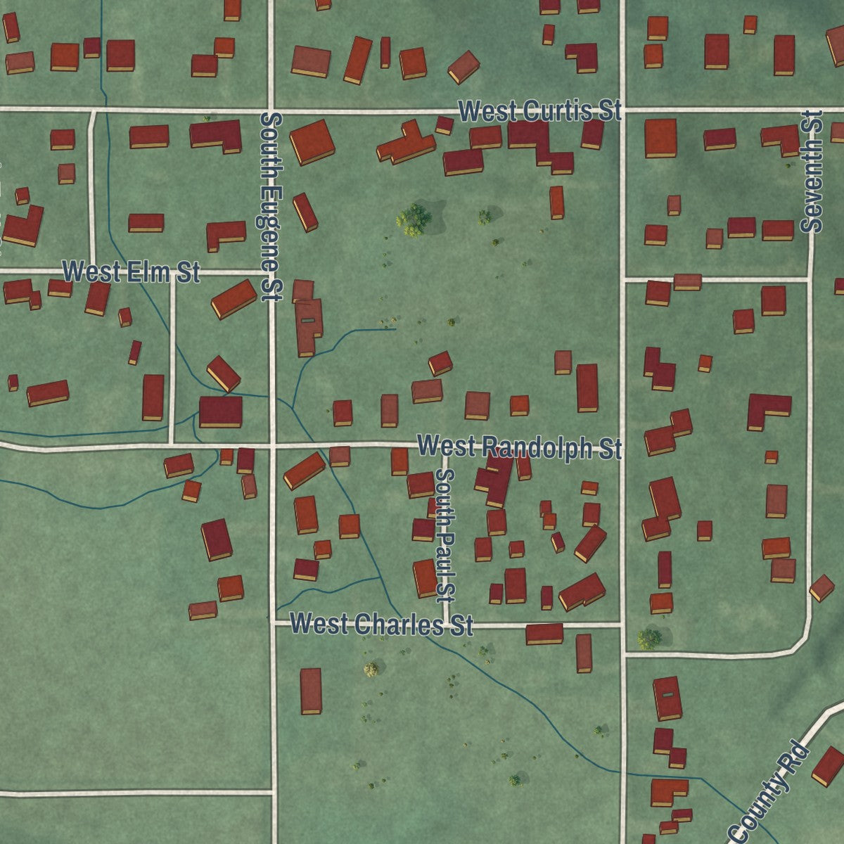 Second close-up of the map of Cayuga, Indiana print showing more streets and buildings