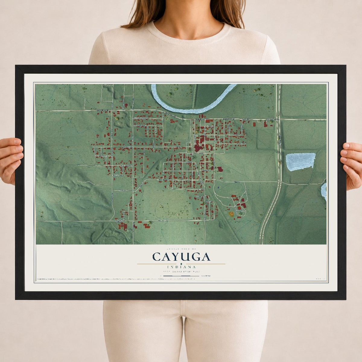 Map of Cayuga, Indiana, 18 x 24 inch print in a black wood frame