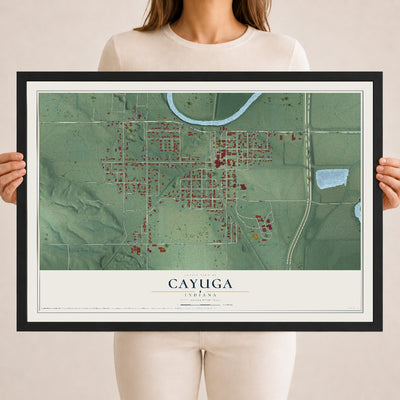 Map of Cayuga, Indiana, 18 x 24 inch print in a black wood frame