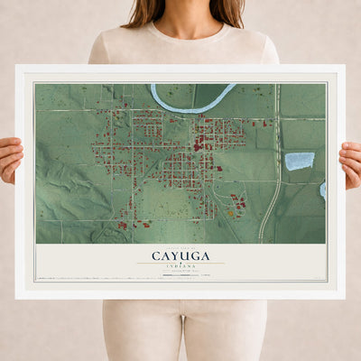 Map of Cayuga, Indiana, 18 x 24 inch print in a white wood frame