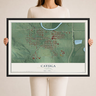 Map of Cayuga, Indiana, 24 x 36 inch print in a black wood frame