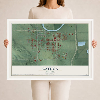 Map of Cayuga, Indiana, 24 x 36 inch print in a white wood frame