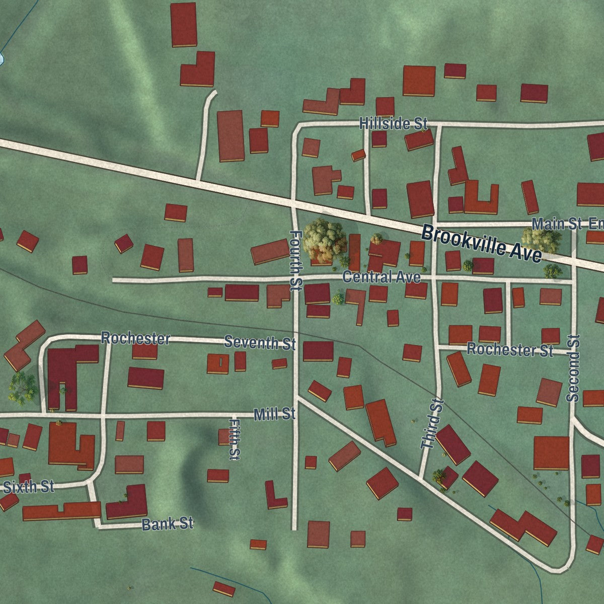 Close-up of the map of Cedar Grove, Indiana print showing street and building detail