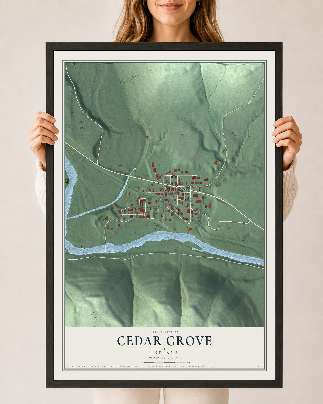 Map of Cedar Grove, Indiana, 24 x 36 inch print in a black wood frame