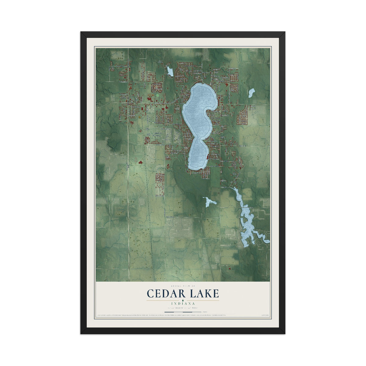 Map of Cedar Lake, Indiana, 12 x 18 inch print in a black wood frame