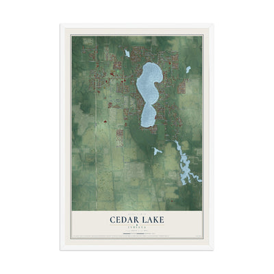 Map of Cedar Lake, Indiana, 12 x 18 inch print in a white wood frame