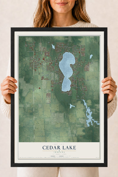 Map of Cedar Lake, Indiana, 18 x 24 inch print in a black wood frame