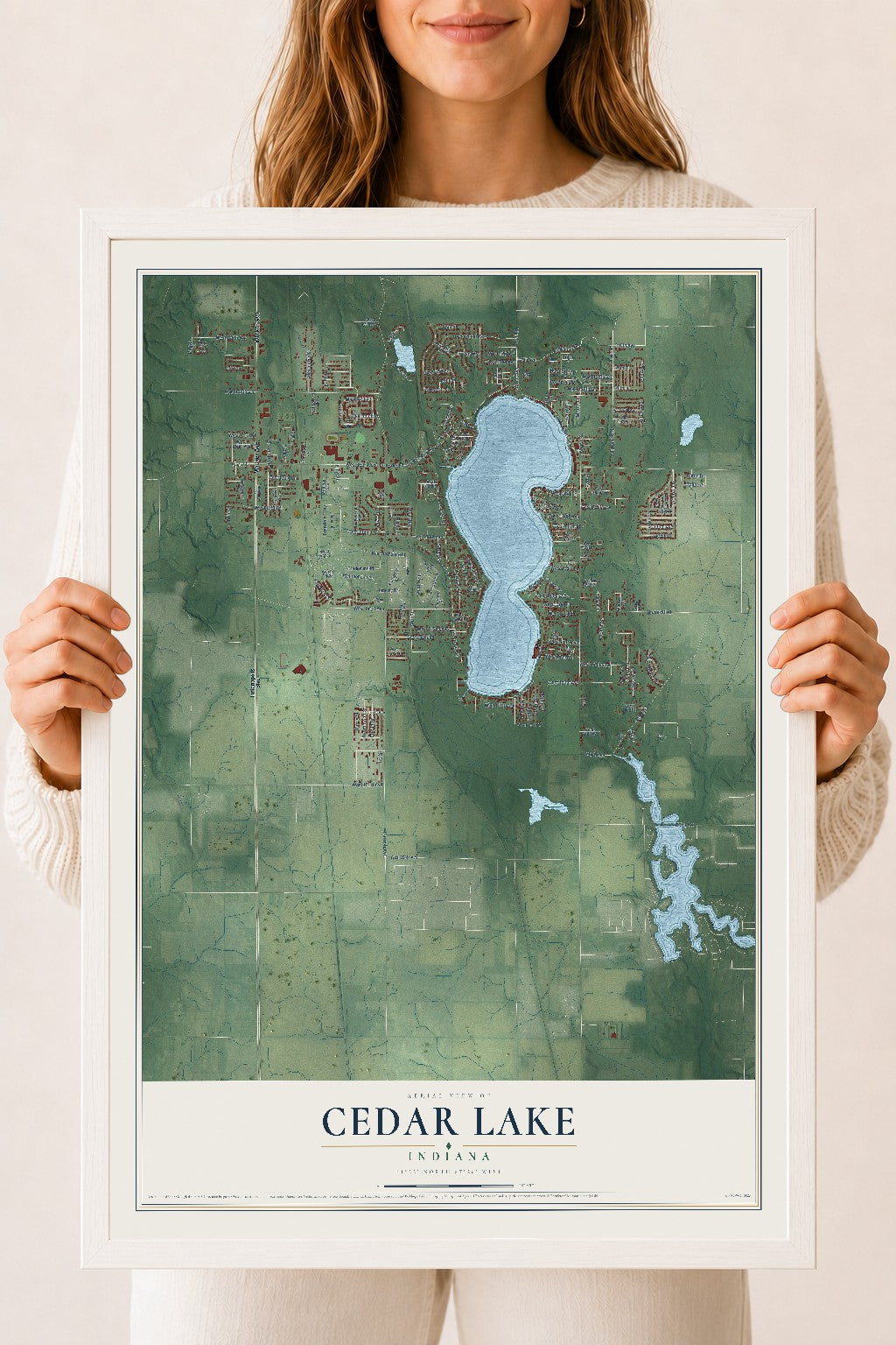 Map of Cedar Lake, Indiana, 18 x 24 inch print in a white wood frame