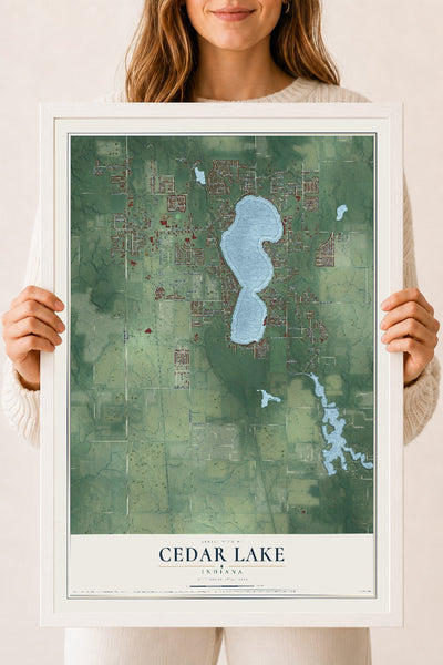 Map of Cedar Lake, Indiana, 18 x 24 inch print in a white wood frame