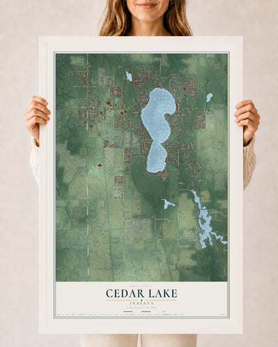 Map of Cedar Lake, Indiana, 24 x 36 inch print in a white wood frame
