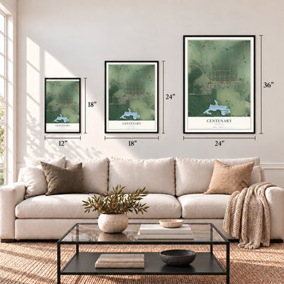 Centenary, Indiana map in 12 x 18, 18 x 24 and 24 x 36 inch sizes above a sofa