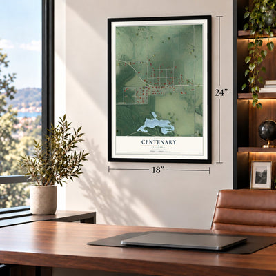 Centenary, Indiana map, 18 x 24 inch print in a black frame in a home office