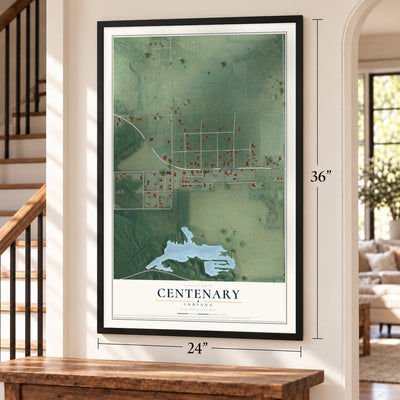 Centenary, Indiana map, 24 x 36 inch print in a black frame by a staircase