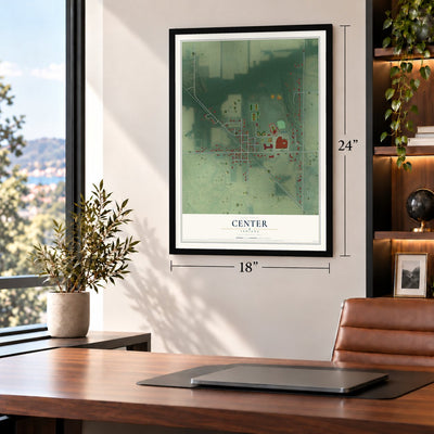Center, Indiana map, 18 x 24 inch print in a black frame in a home office