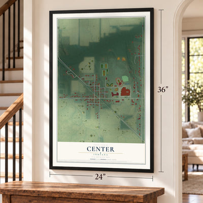 Center, Indiana map, 24 x 36 inch print in a black frame by a staircase
