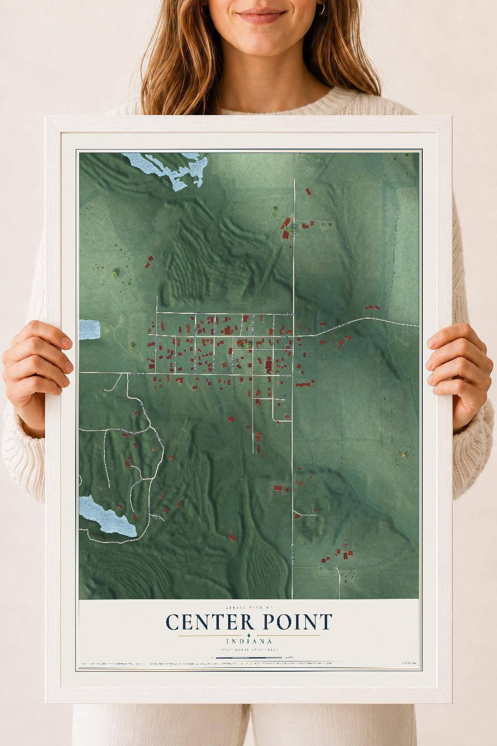 Map of Center Point, Indiana, 18 x 24 inch print in a white wood frame
