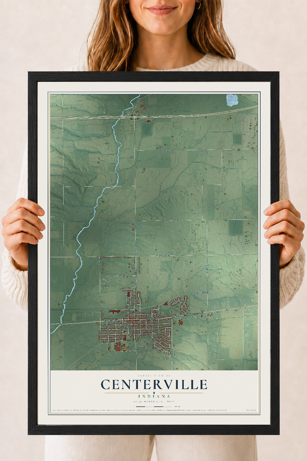 Map of Centerville, Indiana, 18 x 24 inch print in a black wood frame