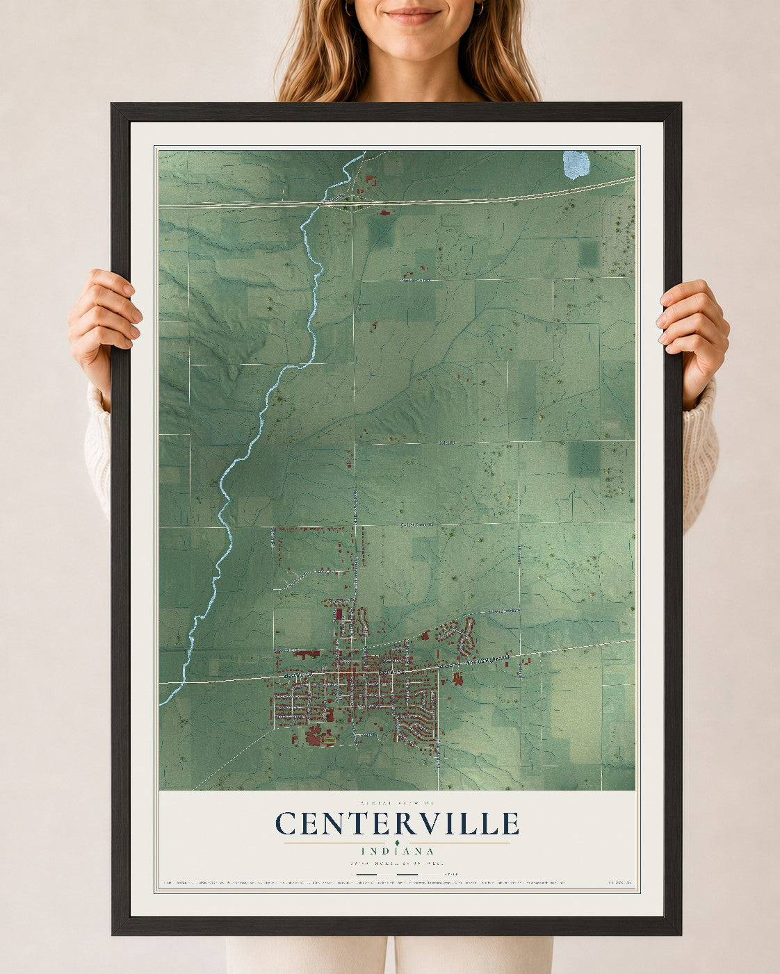 Map of Centerville, Indiana, 24 x 36 inch print in a black wood frame
